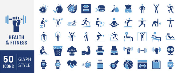 Gym and fitness icon set. Containing healthy lifestyle, weight training, body care and workout icons. Solid icons vector collection.