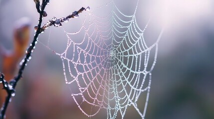 Delicate spider web adorned with dew drops