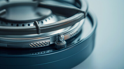 Close-up of a portable camping stove burner, focusing on the metal components and ignition system, highlighting its sturdy and compact design for outdoor cooking.