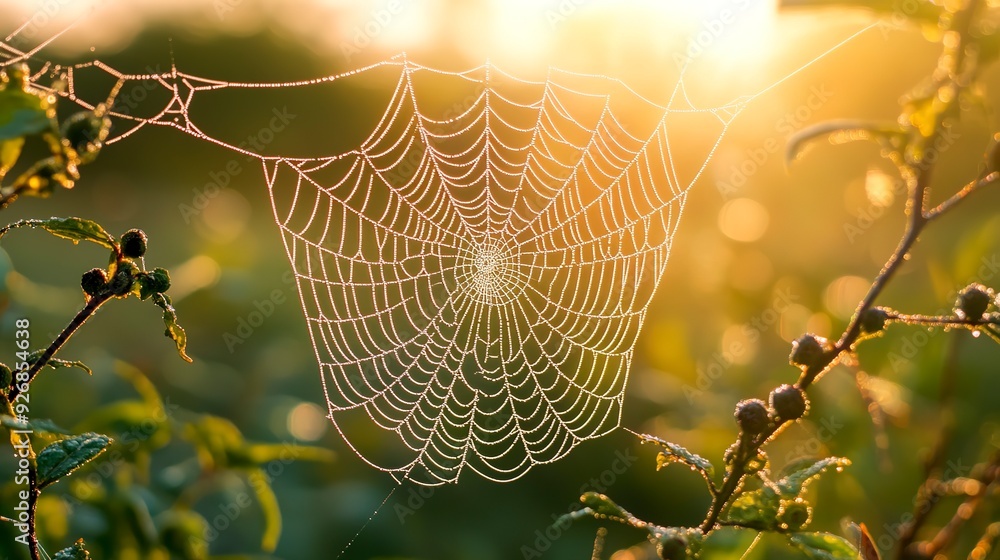 Poster cold dew condensing on a spider web with morning light rays in the background