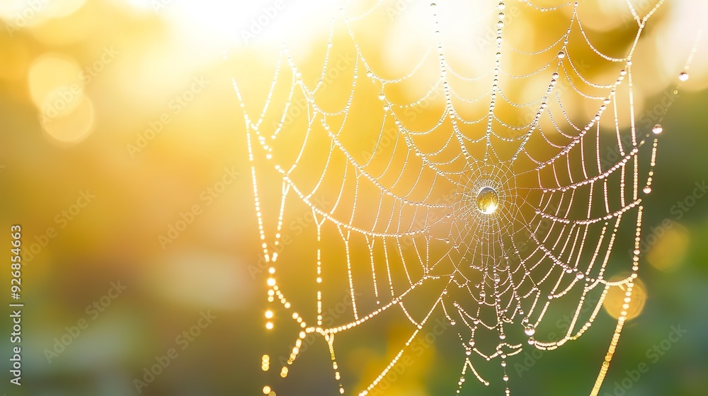Poster cold dew condensing on a spider web with morning light rays in the background