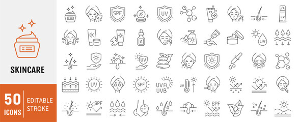 Skin care line editable icons set. Containing icons: Moisture cream, acid, anti wrinkle serum, ceramide, collagen, retinol compound, sunscreen and more. Vector illustration