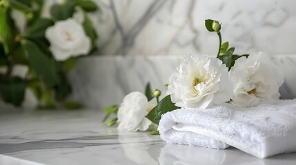 Obraz premium Close up of a marble bathroom counter with white flowers