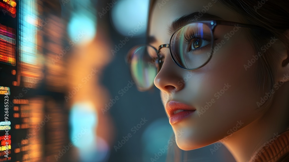 Poster focused female trader analyzing market data and predictions on digital dashboard