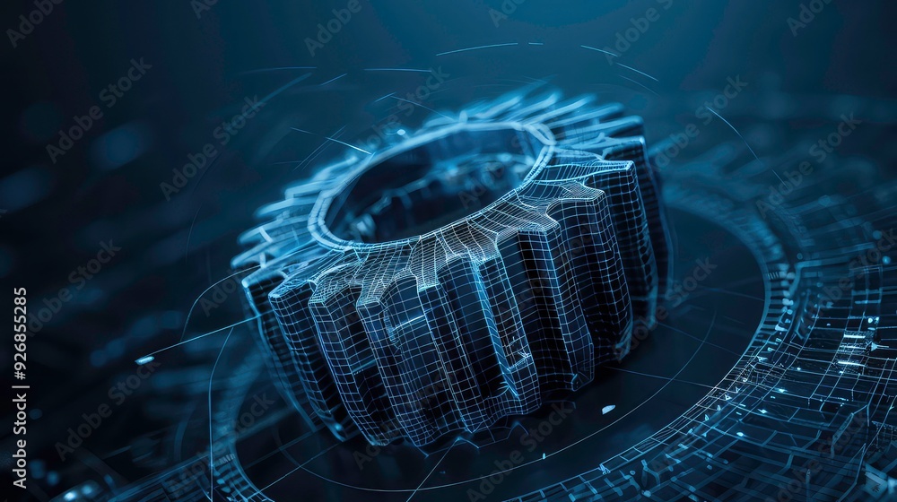 Poster a wireframe gear with a grid pattern on a black background with white lines, creating a futuristic, 