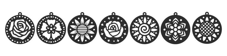 Set of round vector designs with flower for earrings, pendant or keychain. Cutout silhouette, jewelry cnc laser cut template for metal, wood or leather. Floral hanging bijouterie