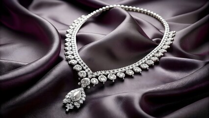 Fototapeta premium Luxury platinum necklace with diamonds on dark silk fabric, luxury, jewelry, platinum, necklace, diamonds, dark silk, fabric