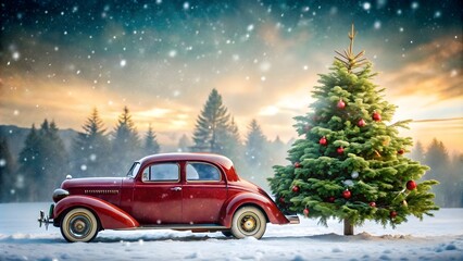 Vintage Christmas card featuring classic car with tree on roof, capturing nostalgic holiday spirit, retro, holiday, vintage