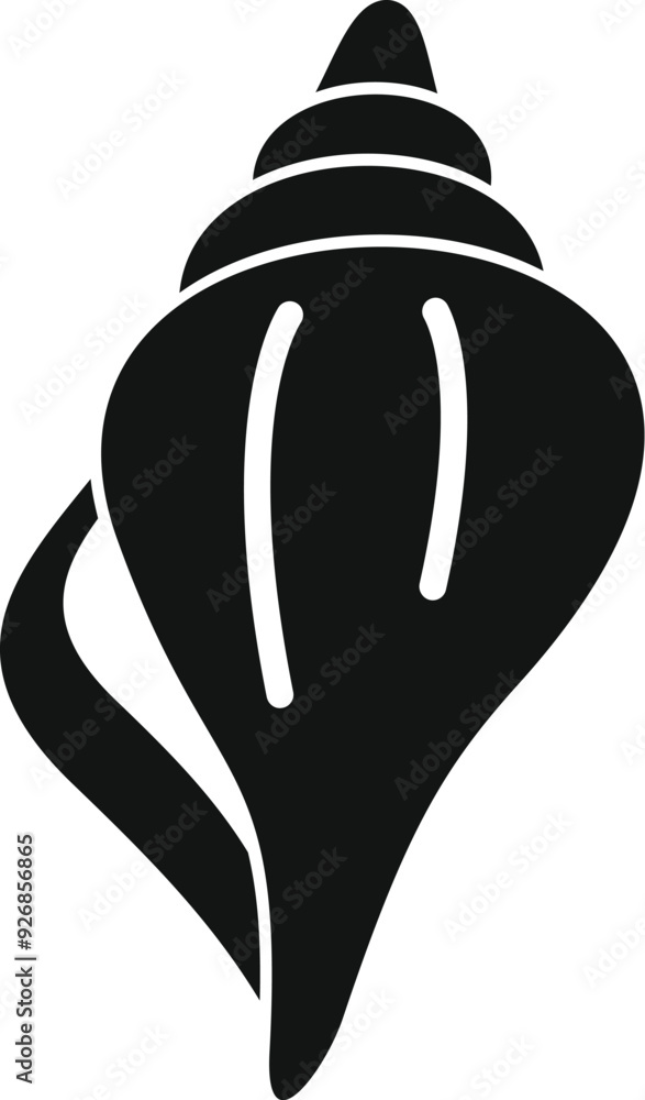 Poster black glyph icon representing a seashell with a spiral pattern, often found on beaches