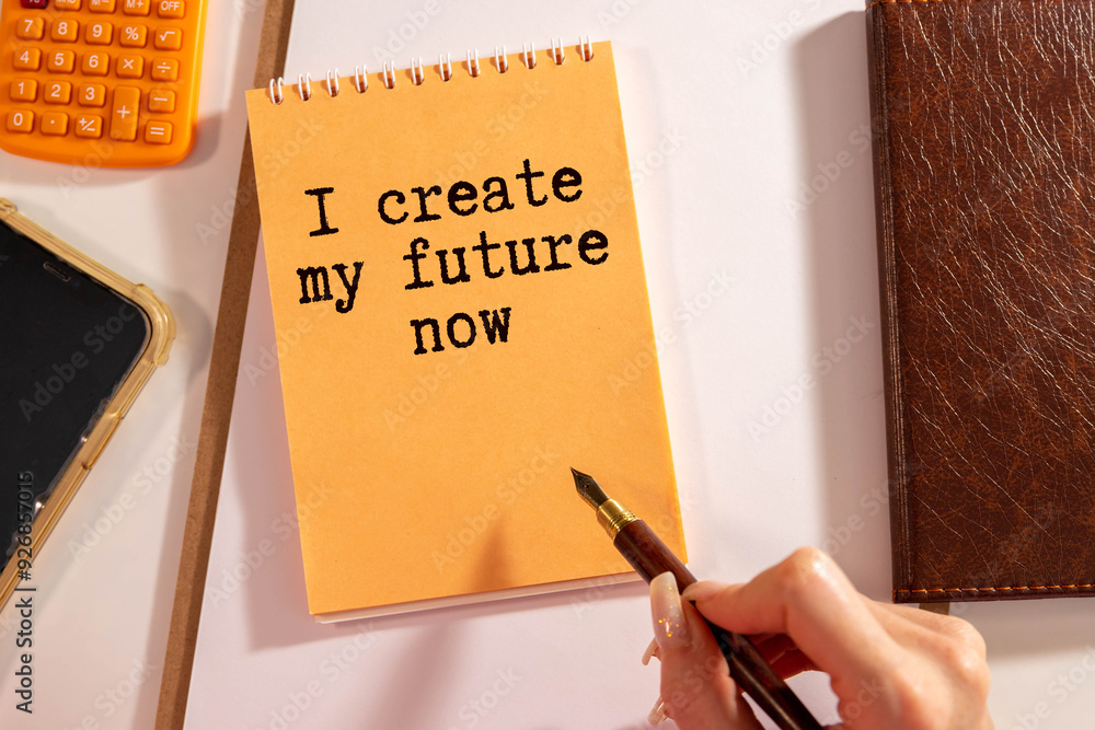Poster white notepad with text i create my future now on the financial documentation.