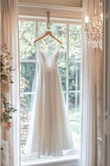 A stunning wedding dress  hung in the window for a romantigarden wedding style and fairytale bride. wedding concept background mood board