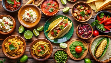 Bountiful Mexican feast with traditional dishes like tacos, tamales, guacamole, and pozole , Mexican, feast, traditional