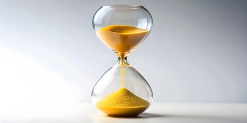 Minimalistic hourglass design with flowing yellow sand on a white background, minimalistic, hourglass, design, flowing