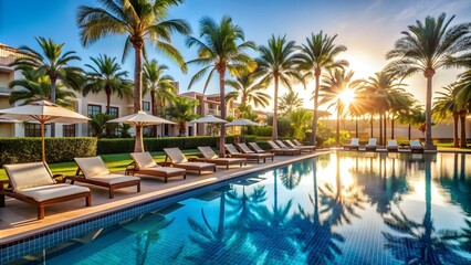 Fototapeta premium Luxurious hotel swimming pool surrounded by palm trees and sun loungers, vacation, travel, relaxation, resort