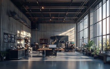 Minimalist Industrial Workspace with Matte Steel Surfaces and Machinery