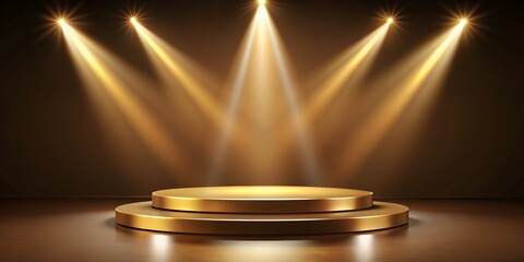 Golden podium with spotlights on brown background, gold, podium, stage, background, spotlight, winner, success