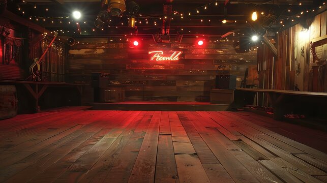 An empty wooden stage with a neon sign that reads 'Reverb' illuminated by string lights, with a guitar in the background.