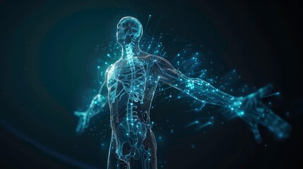 A digital rendering of a human figure, constructed from glowing particles, standing with arms outstretched against a dark background.