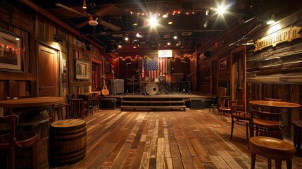 A rustic wooden bar with a small stage, illuminated by warm lights, set up for a live music performance.