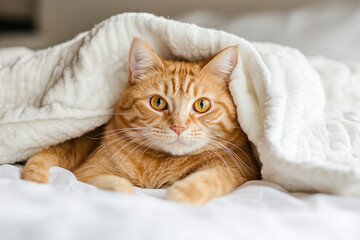 A cute domestic red cat lying on a bed under a white blanket in the bedroom, creating a cozy and peaceful atmosphere.