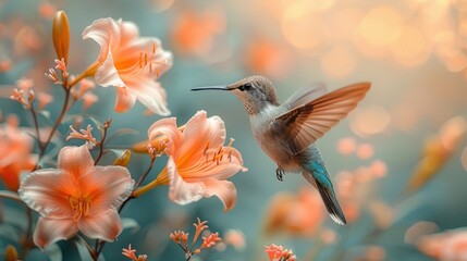 Fototapeta premium Hummingbird hovering next to lily flowers
