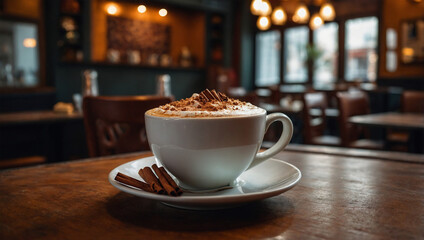 Fototapeta premium Hot chai tea latte with cinnamon, served with sweet cake in an Indian cafe
