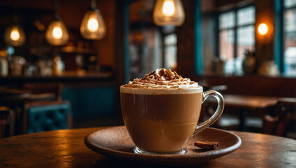 Hot chai tea latte with cinnamon, served with sweet cake in an Indian cafe