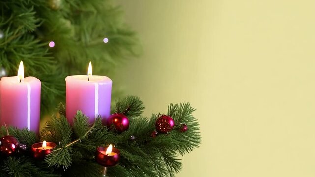 Lighting advent candles on an advent wreath with purple candles burning