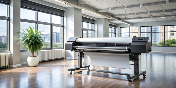 High-tech large format plotter printer in modern office setting, office, technology, printing, professional