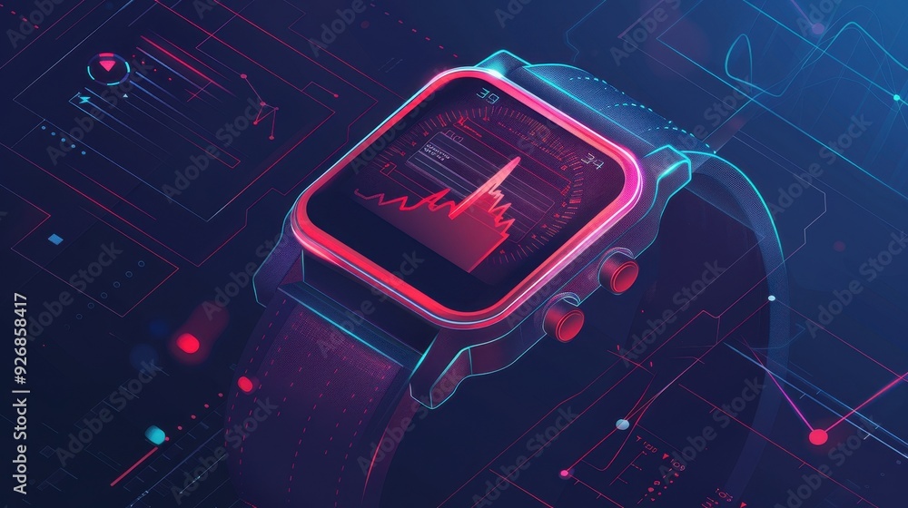 Poster futuristic smartwatch displaying data analytics on a neon-lit screen, representing advanced wearable