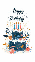 Artistic birthday card featuring a two-tiered cake adorned with floral elements and candles, with a "Happy Birthday" message above, perfect for a whimsical and elegant celebration.