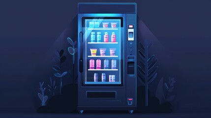 A modern vending machine illuminated in blue light, showcasing a variety of drinks and snacks in a dark, stylish setting.