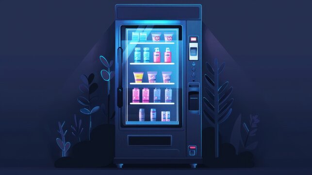 A modern vending machine illuminated in blue light, showcasing a variety of drinks and snacks in a dark, stylish setting.