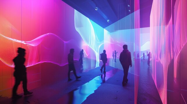 Silhouettes of people interacting with colorful abstract digital art installation in a modern immersive experience exhibit.