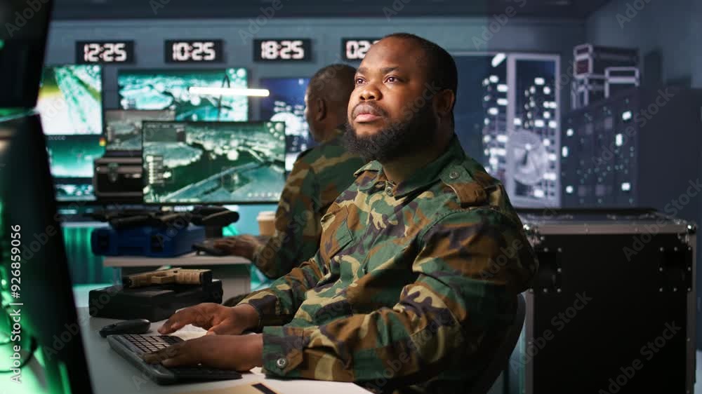 Poster officer doing tasks in military base, planning, analyzing and gathering information on enemy troops.