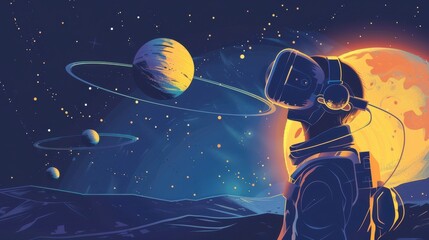 Digital illustration of an astronaut with VR headset exploring space, depicting planets and stars against a vibrant cosmic background.