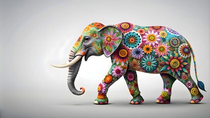 Fototapeta premium Gray elephant with colorful floral patterns walking right, elephant, gray, colorful, floral, patterns, walking, right, nature
