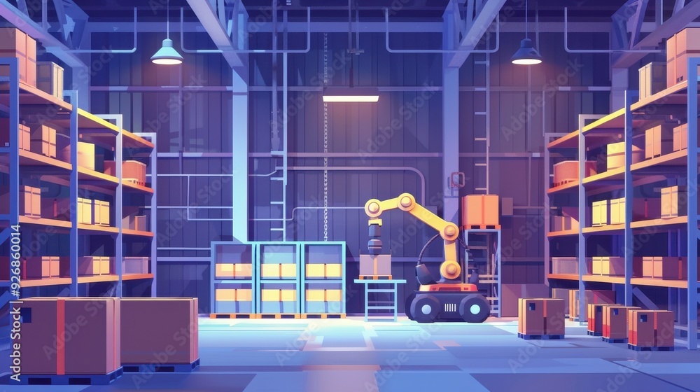 Poster modern warehouse with automated robotic arm sorting boxes in a high-tech storage facility under blue