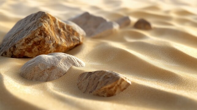 Close-up of wind-blown sand collecting around rocks in a desert, with fine grains creating smooth patterns