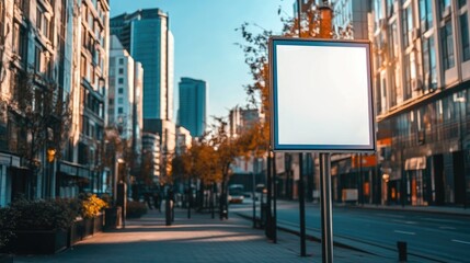 Empty metal sign on a city street corner, with a modern urban skyline in the background