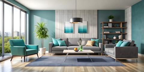 Modern living room with stylish furniture and cool color scheme , modern interior, living room