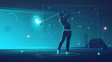 Futuristic digital illustration of a golfer swinging a club with data and technology elements in the background, highlighting sports technology.