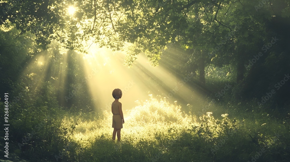 Poster a child exploring a sunlit forest clearing back turned towards the