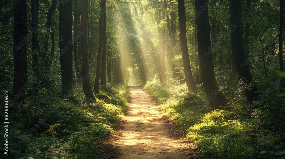 Poster forest path winding through a dense, green forest, with tall trees on either side and sunlight strea