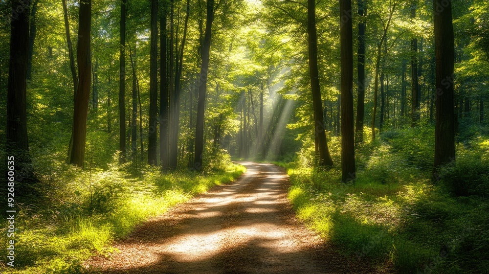 Poster forest path winding through a dense, green forest, with tall trees on either side and sunlight strea
