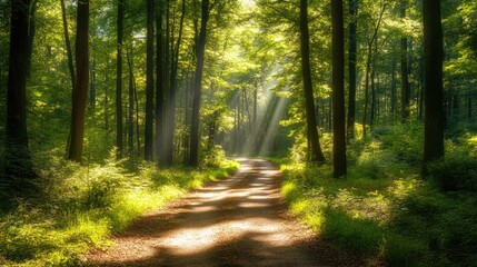 Naklejka premium Forest path winding through a dense, green forest, with tall trees on either side and sunlight streaming through -