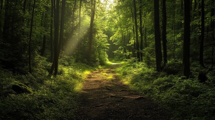 Forest path winding through a dense, green forest, with tall trees on either side and sunlight streaming through -