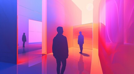 A surreal artwork featuring figures in a vibrant, colorful space with abstract shapes and soft lighting, evoking a dreamlike atmosphere.