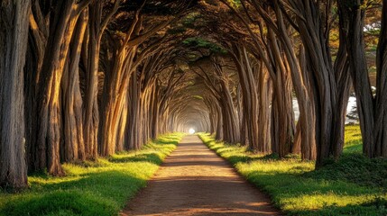 Fototapeta premium Forest trail lined with tall, straight trees, their branches forming a natural tunnel, and sunlight filtering through