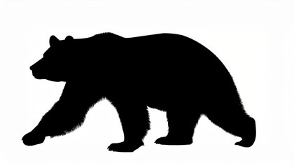 黒いシルエットで描かれた熊が左向きに歩いている姿が映し出されています。熊の四肢は力強く地面を踏みしめており、シルエットだけでその力強さが感じられます。背景は白く、熊のシルエットが際立っています。generative AI